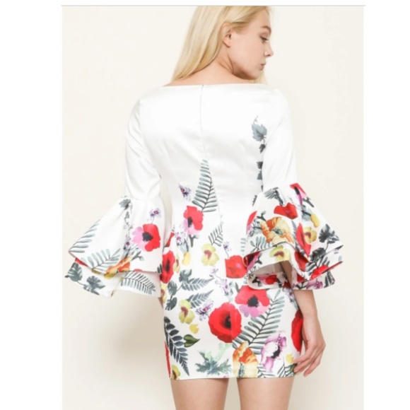 LATISTE White Floral Tiered Bell Sleeve Mini Dress - Picture 5 of 6